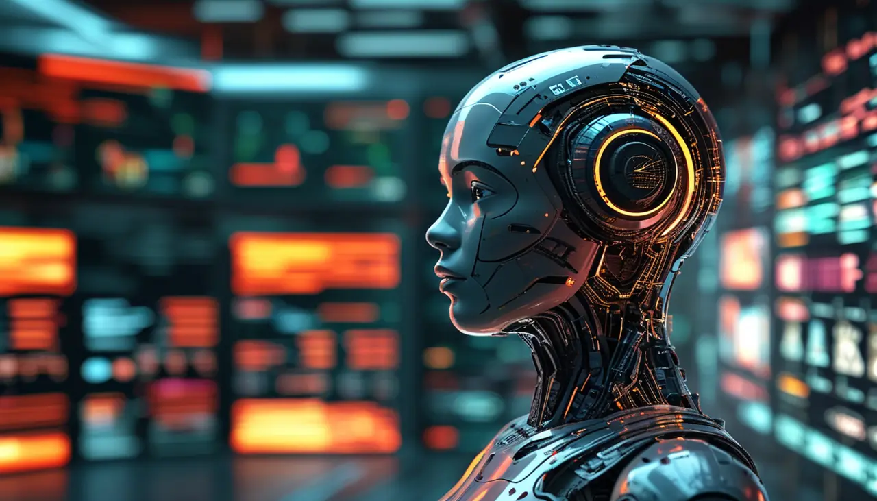 Illustration of an AI humanoid in front of glowing data dashboards