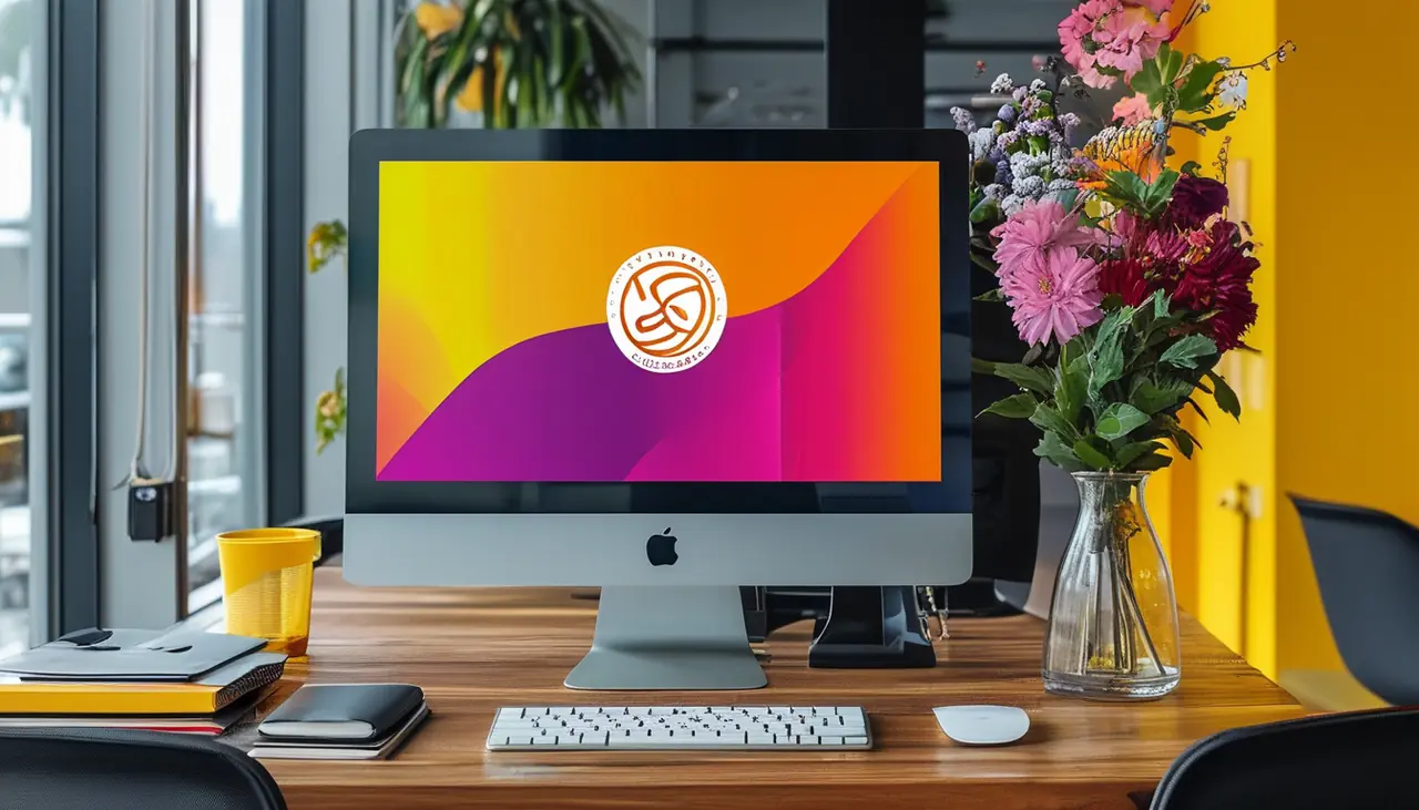 Desk with a computer showing a colourful brand mark beside fresh flowers